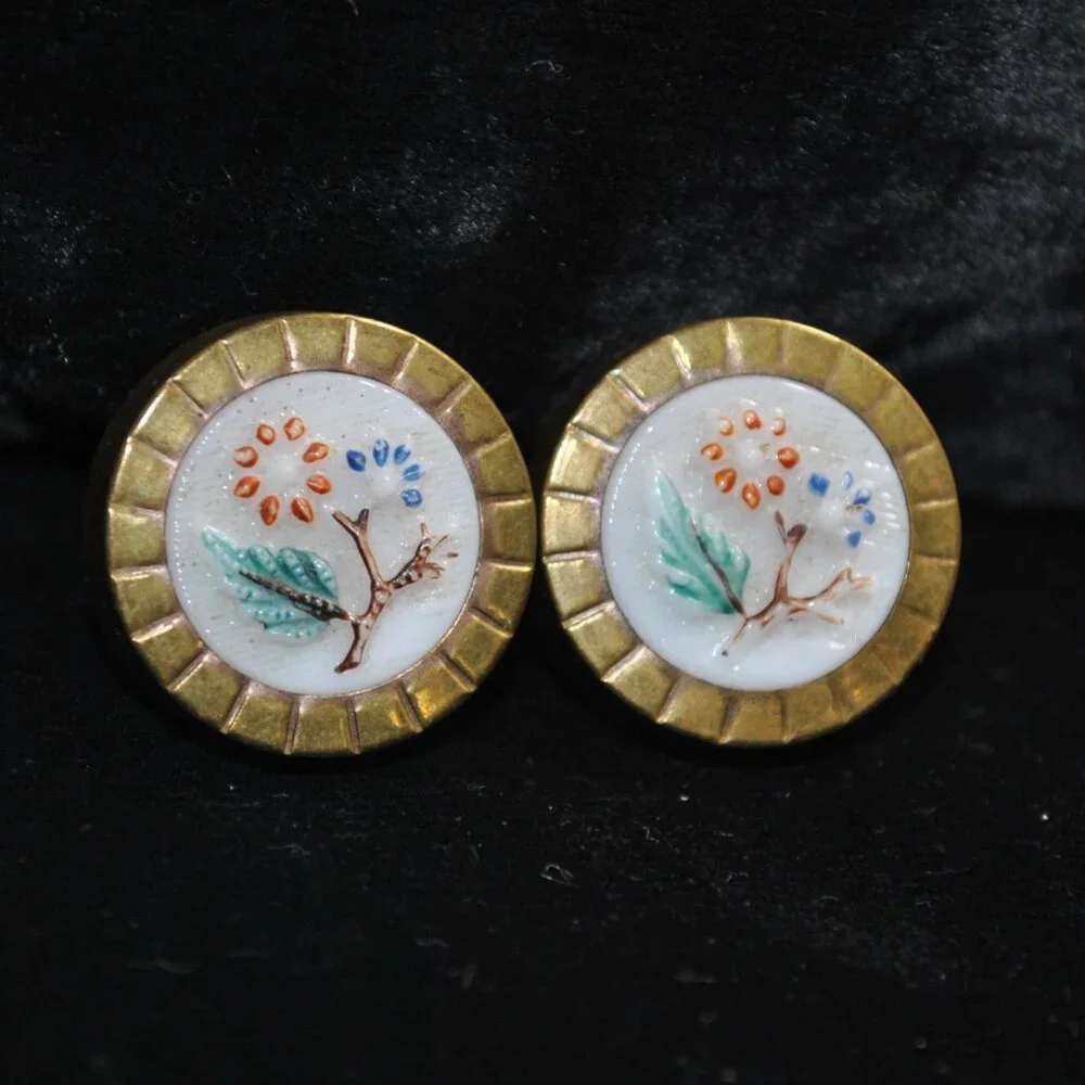 Antique Victorian Milk Glass Cufflinks with Painted Flowers